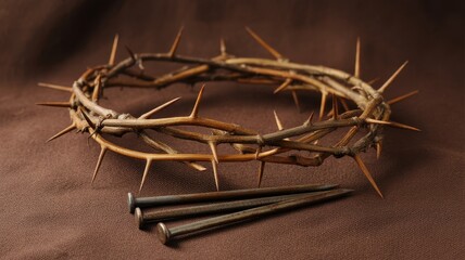 Fototapeta premium Crown of thorns and nails on a brown textured background