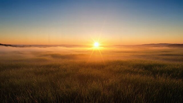 Golden Sunrise Over Foggy Morning Field with Misty Atmosphere and Scenic Landscape.