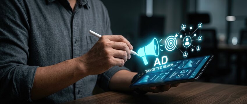Digital marketing strategy implementation modern office graphic content professional environment close-up view engagement techniques for effective advertising