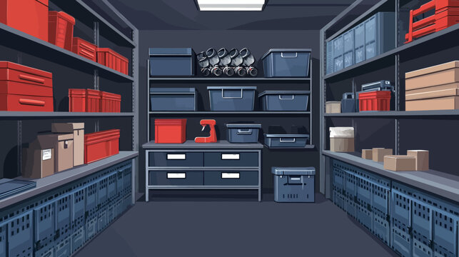 Organized storage room with shelves filled with boxes, tools, and containers
