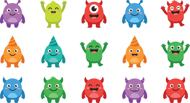 cute cartoon little monsters mascot characters bundle with funny faces horns and party hats for kids halloween greeting card design vector illustration isolated