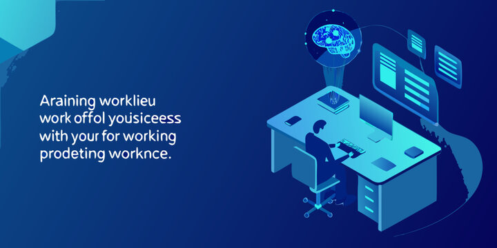 Isometric illustration of a person working at a desk with a brain hologram above