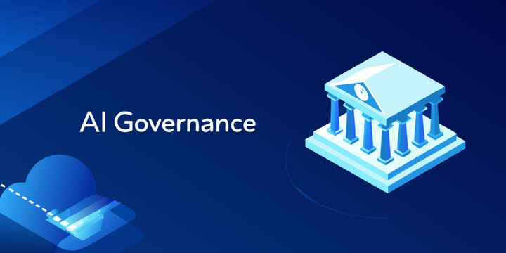 Isometric ai governance concept with a building and cloud illustration in blue tones high quality