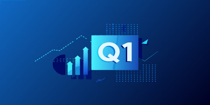 3d render of q1 text with upward trending chart and geometric blue background high quality