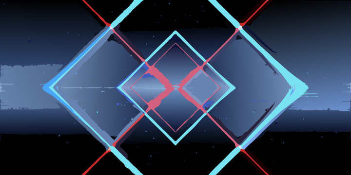 Intersecting laser beams in blue and red abstract geometric light effect on dark background
