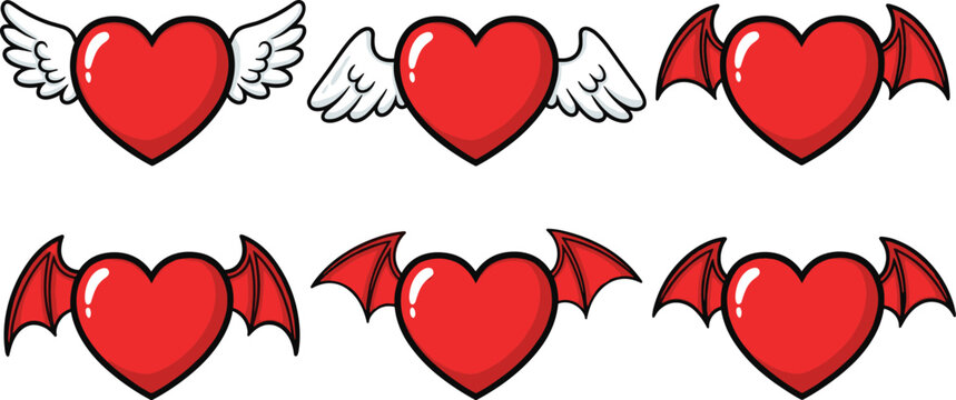 cute cartoon red flying heart shapes set with white angel wings and dark devil bat wings for valentines day greeting cards vector isolated