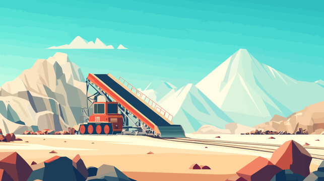 Mountain landscape with a red mining train on tracks, snowy peaks