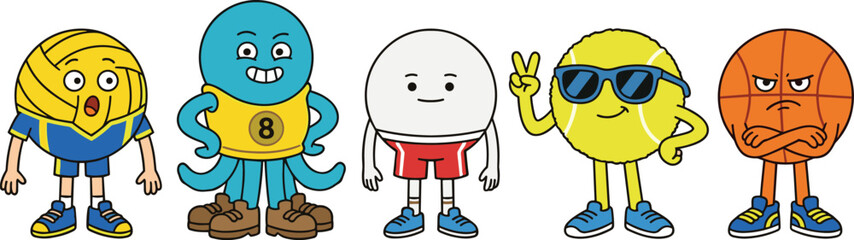 cute cartoon sports ball mascot characters set including volleyball tennis basketball golf and octopus billiard player isolated vector illustration © Lipi