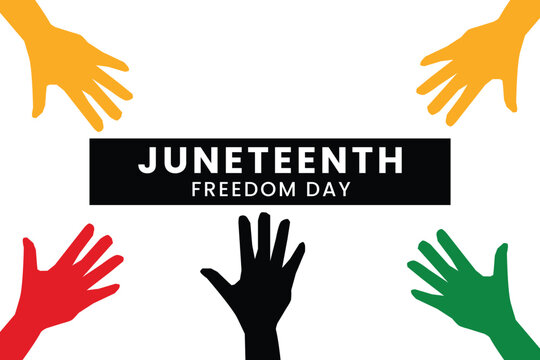 Powerful Juneteenth illustration with colorful raised hands symbolizing freedom, equality, diversity, and unity in modern celebration design.