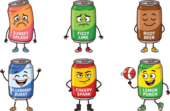 cute cartoon soda drink aluminum can mascot characters set with different flavors and expressions including blueberry cherry lime root beer isolated vector illustration