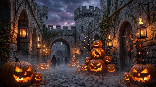 Spooky halloween castle scene with glowing pumpkins and lanterns helloween night