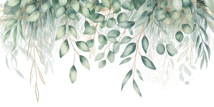 Watercolor eucalyptus leaves and branches border arrangement on a white background