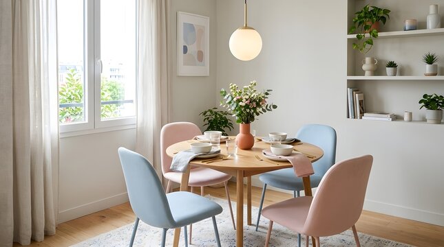 Modern interior design of a luxury living and dining room featuring a fireplace and stylish wooden furniture with an armchair and elegant light from the window