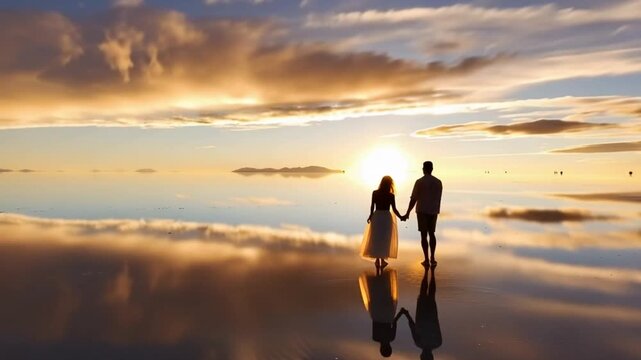Salar de Uyuni in Bolivia during sunset. Aerial image Rainy Season.Time lapse.