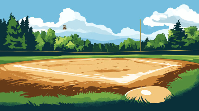 Illustration of a baseball field surrounded by green trees under a cloudy sky