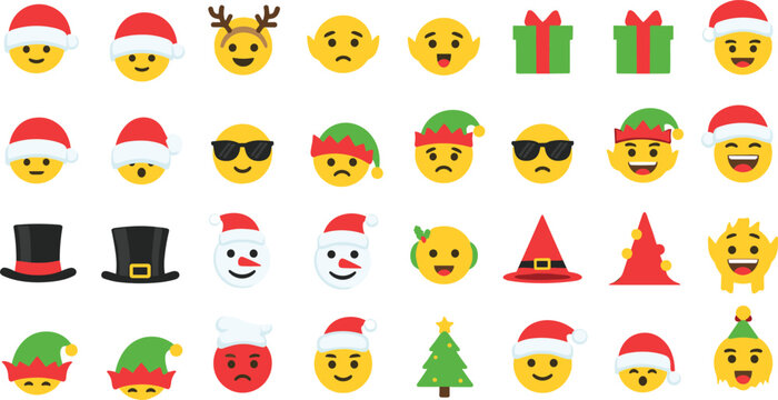 cute christmas emoji emoticon icons bundle with santa hats elf ears snowman faces reindeer horns gifts and trees for holiday chat vector illustration