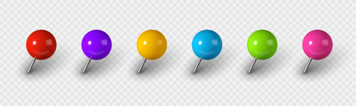 3D colorful thumbtack pin set isolated on background. Vector illustration.