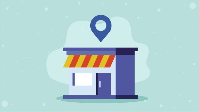 Animated local business storefront with location pin icon and falling snow against light blue background with floating shapes.