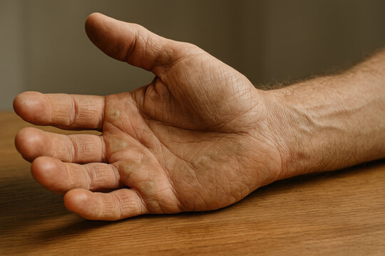 Open male hand palm up resting on wooden surface showing rough weathered skin texture callus detail from manual work natural indoor lighting close up view body part