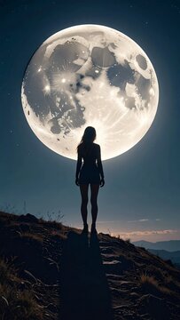 Silhouette of a woman standing on a hill under a full moon.
