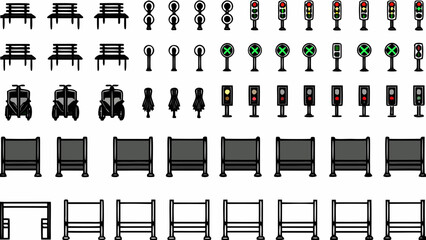 Urban elements sprite sheet with benches traffic lights street signs and tram cars high quality © Bijoy