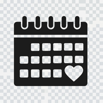 Illustration of black calendar icon with a heart symbol on a transparent background, representing love and important dates