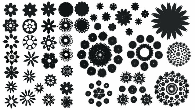 Collection of fifty black floral silhouettes in varied designs on a white background high quality