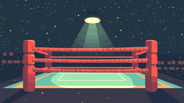 Empty boxing ring on rooftop under starry night sky with spotlight