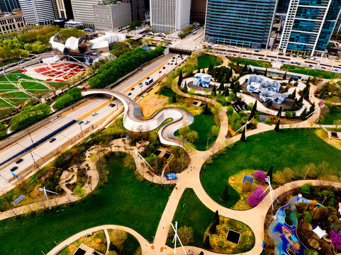 Aerial View Chicago Millennium Park Bird&rsquo;s Eye World Perspective, Lurie Garden Serpentine BP Bridge Skyline Urban Landscape Architecture Downtown Illinois USA North America Earth