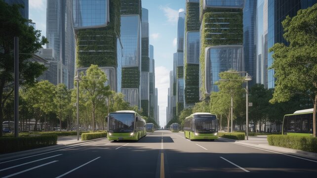 Futuristic sustainable smart city boulevard with green buses and eco friendly skyscrapers under blue sky