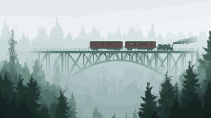 Fototapeta premium Vintage train crossing a high bridge amid foggy forest landscape
