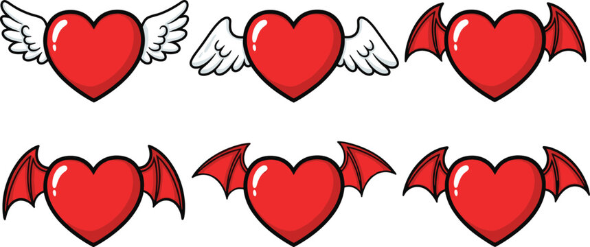 red glossy flying heart shapes icon set with angel wings and devil bat wings for valentines day and halloween graphic design vector isolated