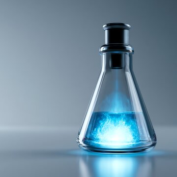 Blue liquid in a laboratory flask with glowing effect.