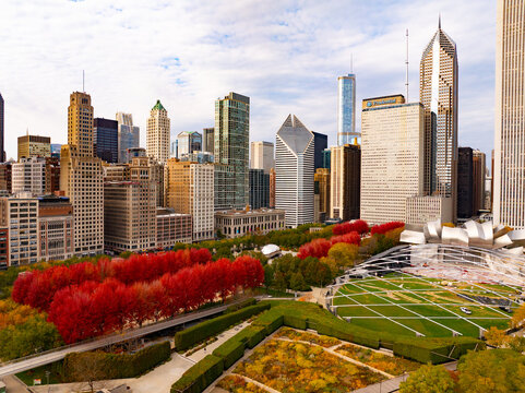 Aerial View of Millennium Park and Cloud Gate Sculpture (The Bean), Downtown Chicago, Illinois, USA