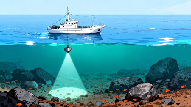 Undersea exploration and ocean-going ships complement each other's fantastic waterscape