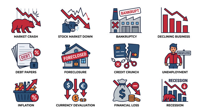 Economic Crisis and Financial Recession Icon Set, Stock Market Crash, Inflation and Bankruptcy Vector Illustrations