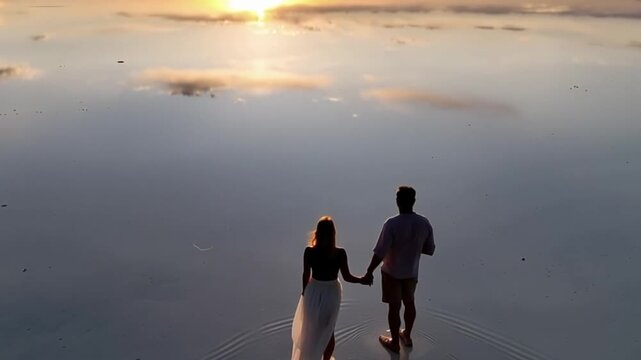Salar de Uyuni in Bolivia during sunset. Aerial image Rainy Season.Time lapse.