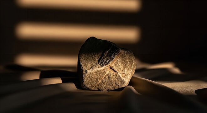 Golden brown bread loaf resting on wooden surface with shadow play