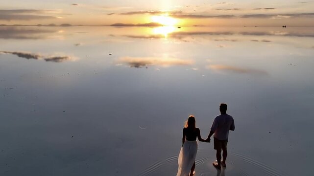 Salar de Uyuni in Bolivia during sunset. Aerial image Rainy Season.Time lapse.