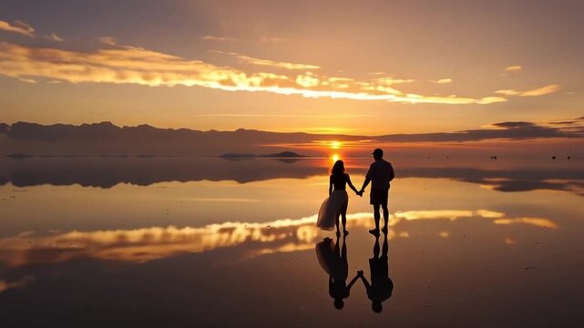 Salar de Uyuni in Bolivia during sunset. Aerial image Rainy Season.Time lapse.