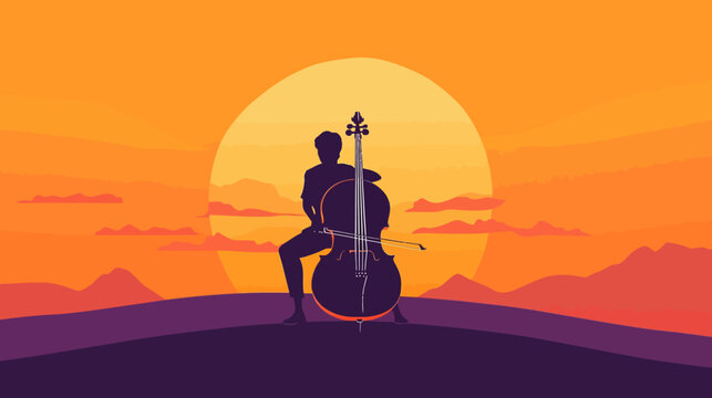 Silhouette of a person playing cello against colorful sunset sky