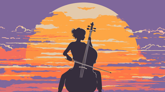 silhouette of a woman playing cello during sunset with clouds