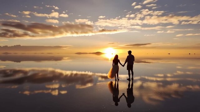 Salar de Uyuni in Bolivia during sunset. Aerial image Rainy Season.Time lapse.
