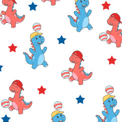 dinosaur playing ball seamless vector cartoon pattern design for kids apparel © Rizki