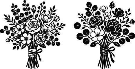 Rose and Wildflower bouquet silhouette vector set. Black floral bouquet bundles for wedding, greeting cards, and laser cutting, eucalyptus, and varied foliage tied with ribbons. © Mdibrahim
