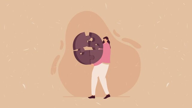 Mental health concept animation with woman putting together puzzle pieces for emotional wellbeing and psychological balance.