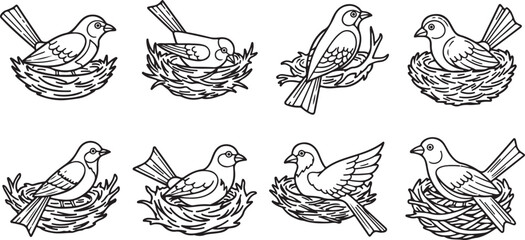Cute cartoon rooster line drawing set eight icons Vector © Nur
