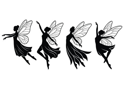 Black silhouette collection of graceful fairies dancing in flight with delicate wings.