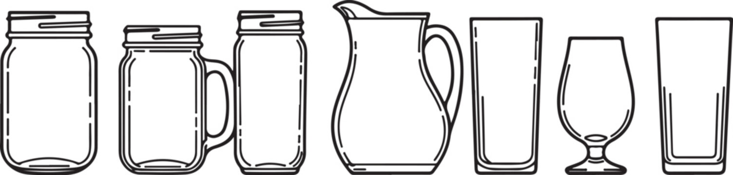 Set of simple black line art bottles and vases vector illustration Vector