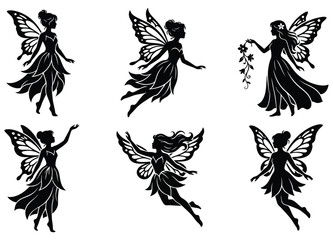 Fototapeta premium Set of six flying and standing fairy silhouettes with decorative wings, fantasy female figures.